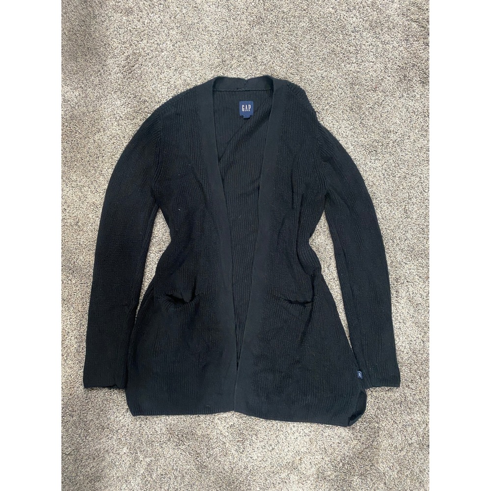 Gap Cardigan Ribbed Knit Open Front Pockets Black Medium